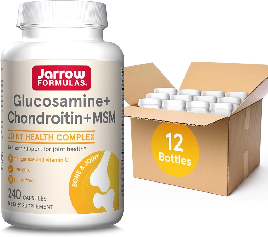 Figury Jarrow Glukozamina + Chondroitin + Kapsułki MSM, Suplement Joint Support z Witaminą C i Mangan, 240 Kapsułki, 60 Day Supply, Opakowanie po 12