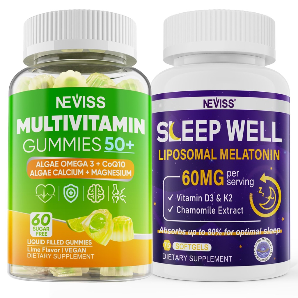NEVISS Kobiety i Mężczyźni 50 + Gummy wielowitaminowe i Melatonina 60 mg Bundle