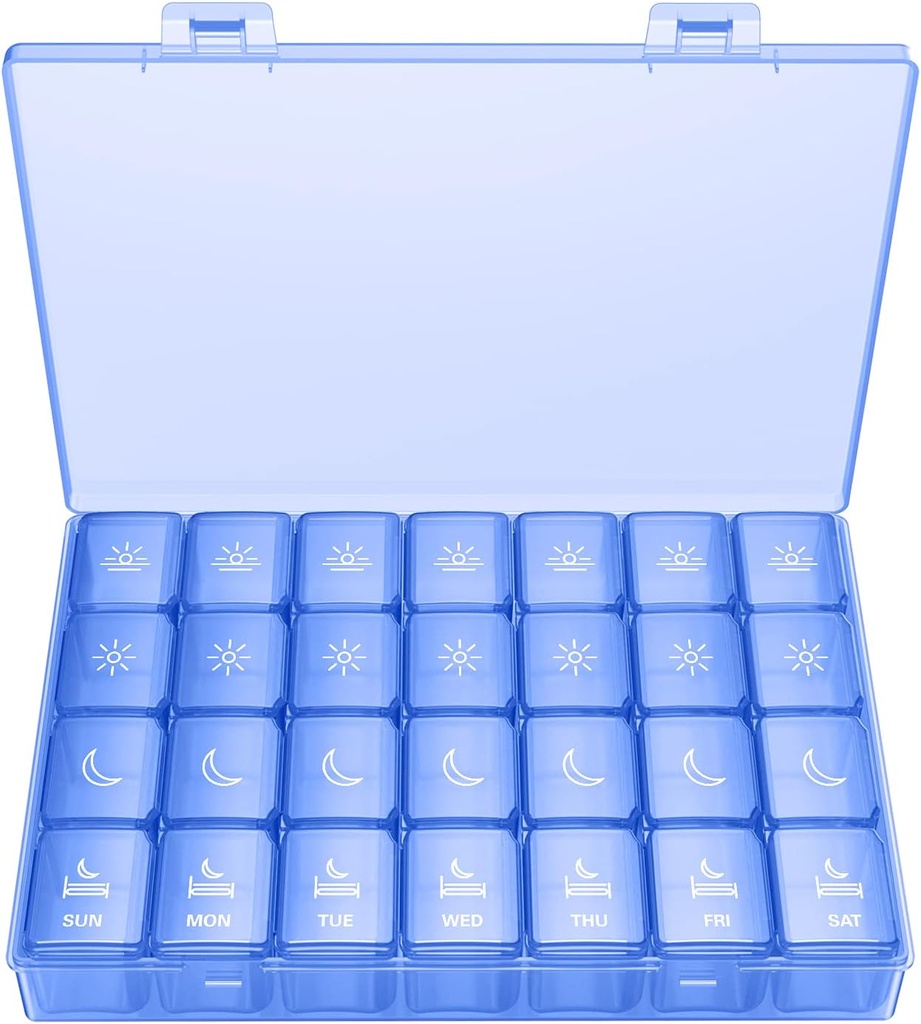 XL Pill Organizator 4 razy dziennie, BUG HULL Extra duży Weekly Pill Case Pudełko, 7 Day Pojemnik na witaminy Daily Pill Holder do oleju Cod- Wątroba, Witaminy, Suplementy (Royal Blue)