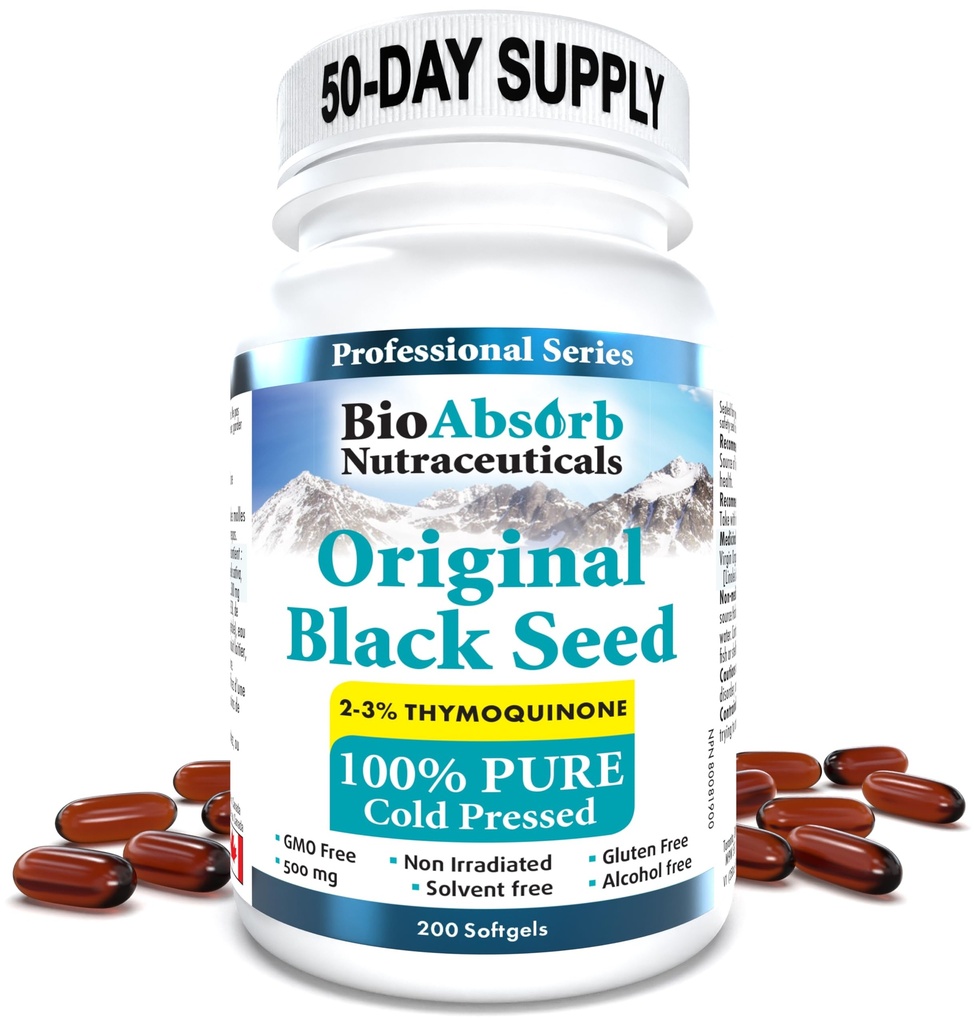 Bio Absorb Black Seed Oil Cold Pressed kapsułki. 200 softgels, 500mg (50- Day Supply). Żadnego posmaku.