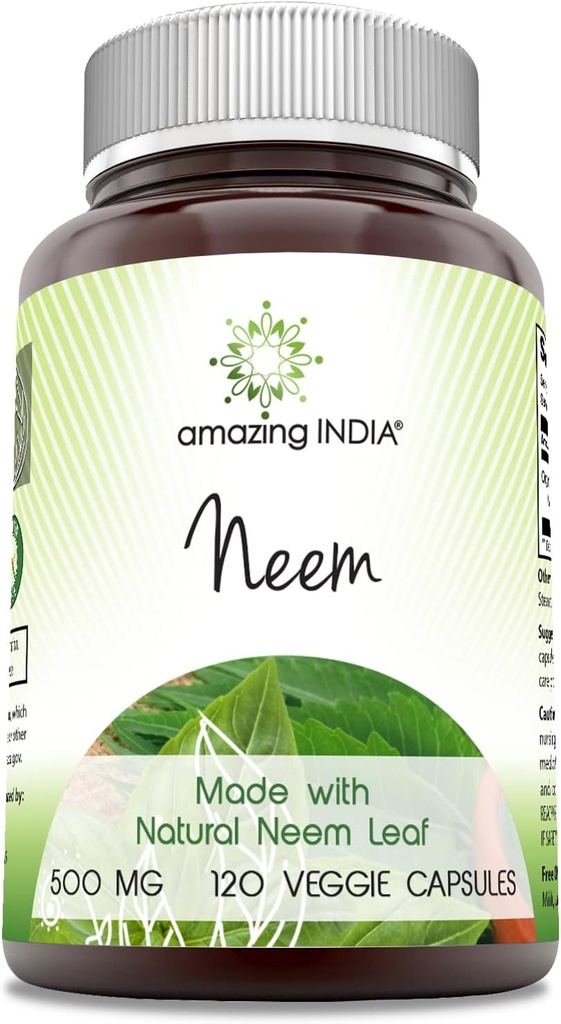 Amazing India Neem (Made with Natural Neem Leaf) Supplement Equipment 124; 500 Mg Equipment 124; 120 Veggie Capsules Equipment 124; Non-GMO Equipment 124; Gluten- Free Equipment 124; Made in USA