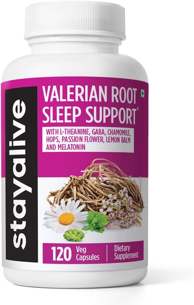 STAY ALIVE Valerian Korzeń kapsułki, 8- in-1 Ekstrakt w / Melatonina, Kwiat Pasji, L- Theanine, Lemon Balm, Kwiat Chmielu, Rumianek i GABA, 120 Walerian Pigułki, Non-GMO i Gluten- Naturalny suplement snu