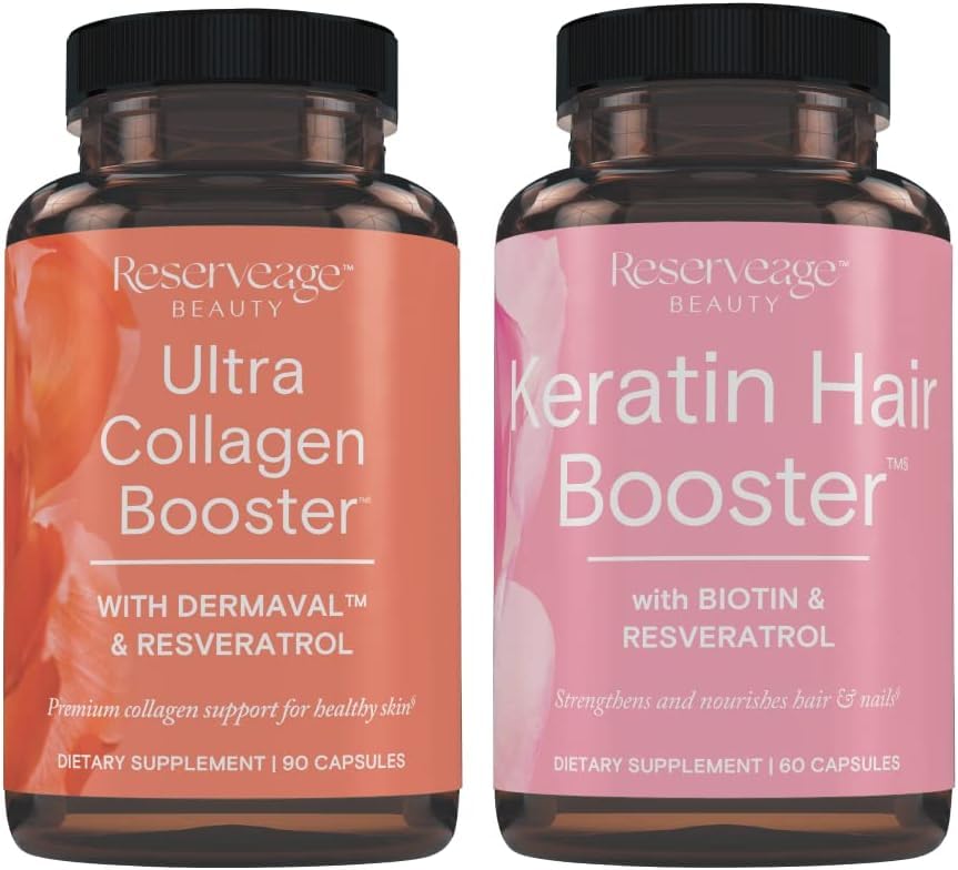 Rezerwacja Ultra Colagen Booster & Keratin Hair Booster - funkcje Dermaval, Biotin & Resveratrol - Wsparcie włosów i skóry - 90 Ultra Colagen kapsułki, 60 Kapsułki Keratyny