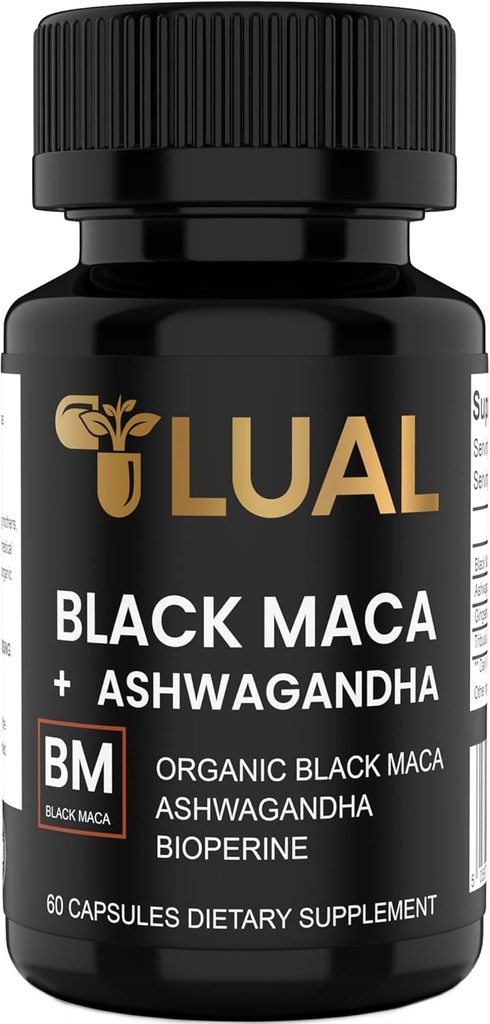 LUAL 30,000mg 30x Siła Organic Black Maca Root z Ashwagandha - Najwyższa moc Black Maca Korzeń Kapsułki dla mężczyzn - 100% Czysty Maca Peruana Proszek organiczny, Żelatynizowany, Non-GMO - 60 Pigułki