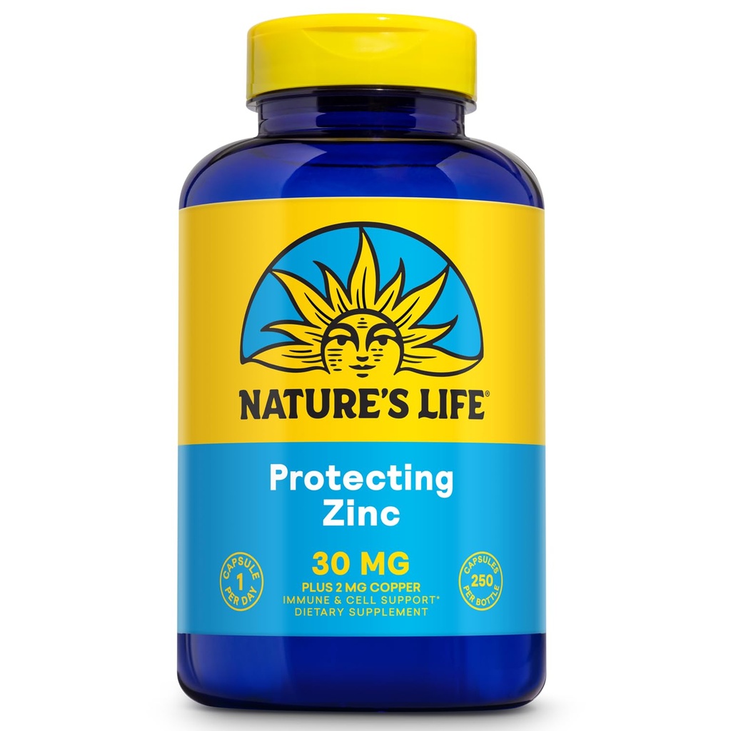 Nature 's Life Cynk Pikolinate 30mg Plus 2 mg miedzi - Chelated Cynk Suplement dla immunologicznego, sercowo-naczyniowego, skóry, funkcji komórkowej i wsparcia mięśni - 60- Day Guarantee - 250 Służenie, 250 Kapsułki