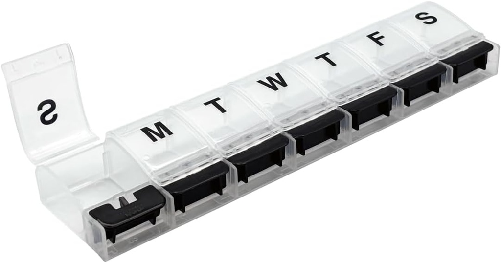 EZY DASE Weekly (7- Day) AM / PM Codzienne Pill Organizator, Witamina Case, i Medicine Container, X-duże kompozycje, Artretyzm Przyjazny, Wygodne i łatwe w użyciu, Clear / Black, Design May Vary, BPA Free