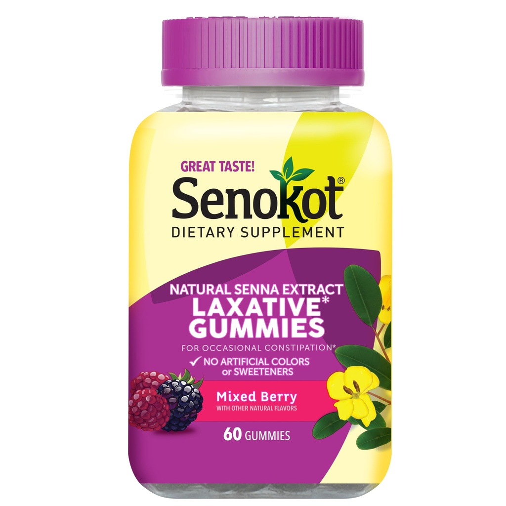 Suplement diety Senokot Laxative Gummies, Natural Senna Extract, Delikatny, Overnight Relief from Ocasional Zaparcia, Mieszany Berry Flavor, 60 Hrabia.