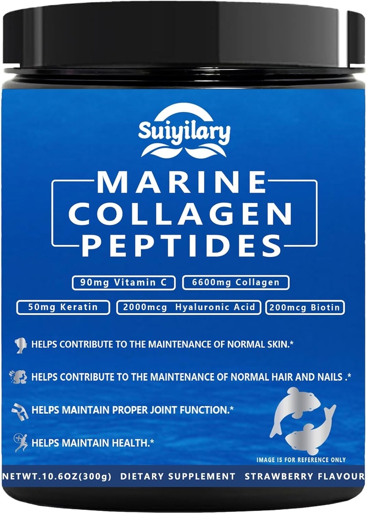 Collagen Peptides Powder for Women, Multi Marine Hydrolyzed for Healthy Hair, Skin, Nails with Hyaluronic Acid, Biotin, Vitamin C, 30 Servings (10.6 OZ, Strawberry)