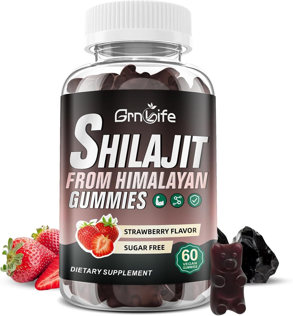 Shilajit Gummies dla mężczyzn i kobiet, 1000MG Shilajit Suplement z 85 + Minerały śladowe i kwas Fulvic dla energii, odporność, bezcukrowy, Strawberry- 60