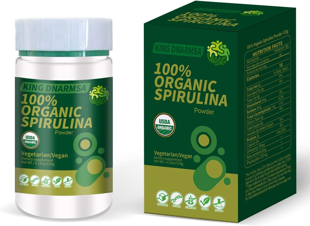 Certified 100% Organic Spirulina Powder 4.23oz / 120g Rich in Rich in Beta- Caroten (Witamina A) i B- 12 z naturalnie występującym GLA, Vega Non-GMO- Superfood Supplement