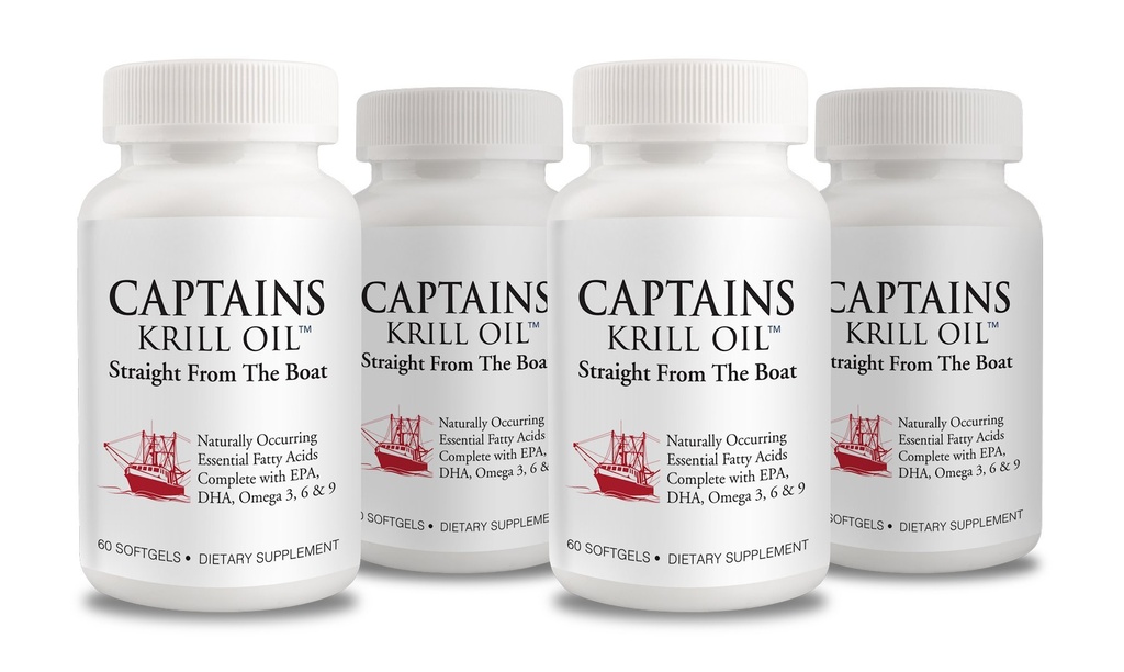 Captains Pure Antarctic Krill Oil Softgels 124; Omega 3 EPA, DHA with Astaxanthina & Phosholipids 124; No Additives or Chemicals British 124; 1000mg per Serving, 60 Capsules, 4- Pack