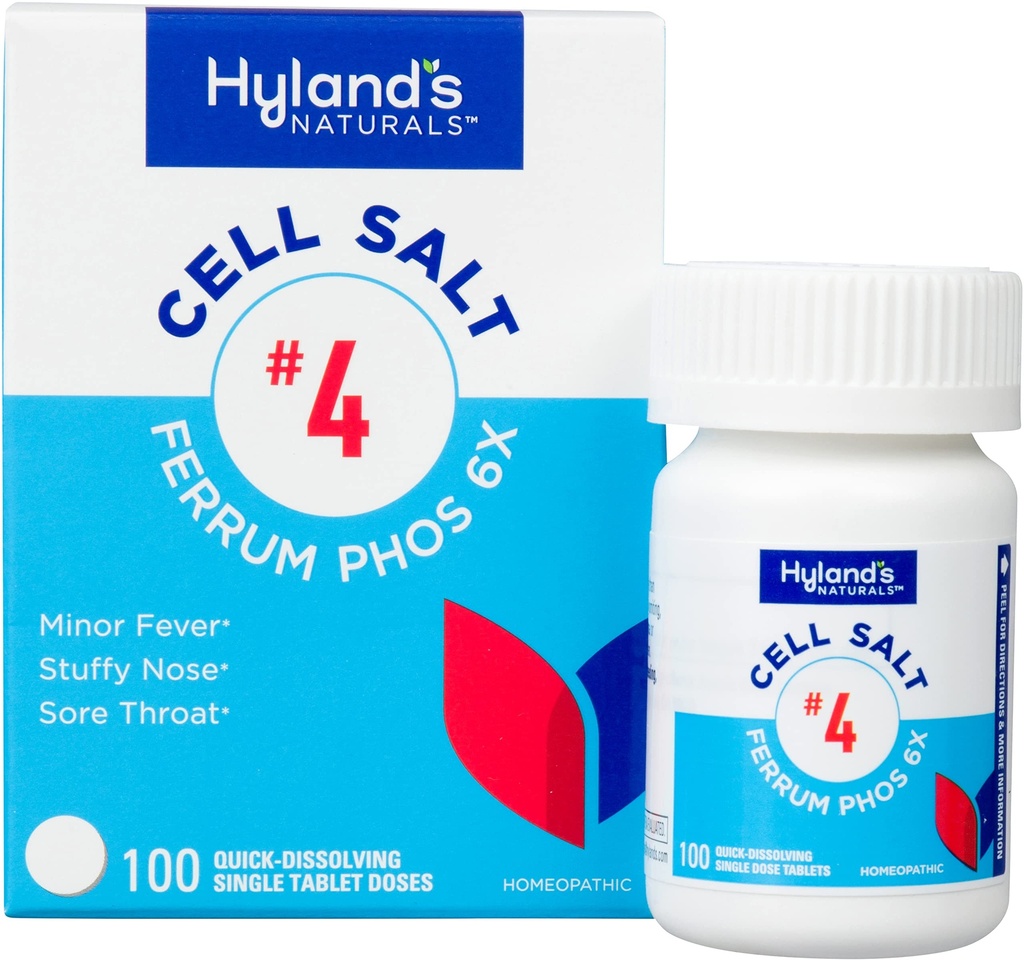 Hyland 's No. 4 Cell Salt Ferrum Phos 6X Tablets, Decongestant and Sinus Relief, suplement zapalny, Natural Relief of Cold and Fever Symples, Quick Disolding Tablets, 100 Count