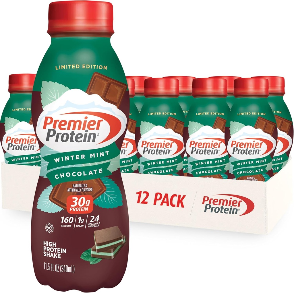 Premier Protein Shake, Ograniczona edycja Winter Mint Chocolate, 30g Protein, 1 g cukru, 24 witaminy i minerały, Składniki odżywcze do wspierania immunologicznego zdrowia, 11.5 oz, 12 Pack