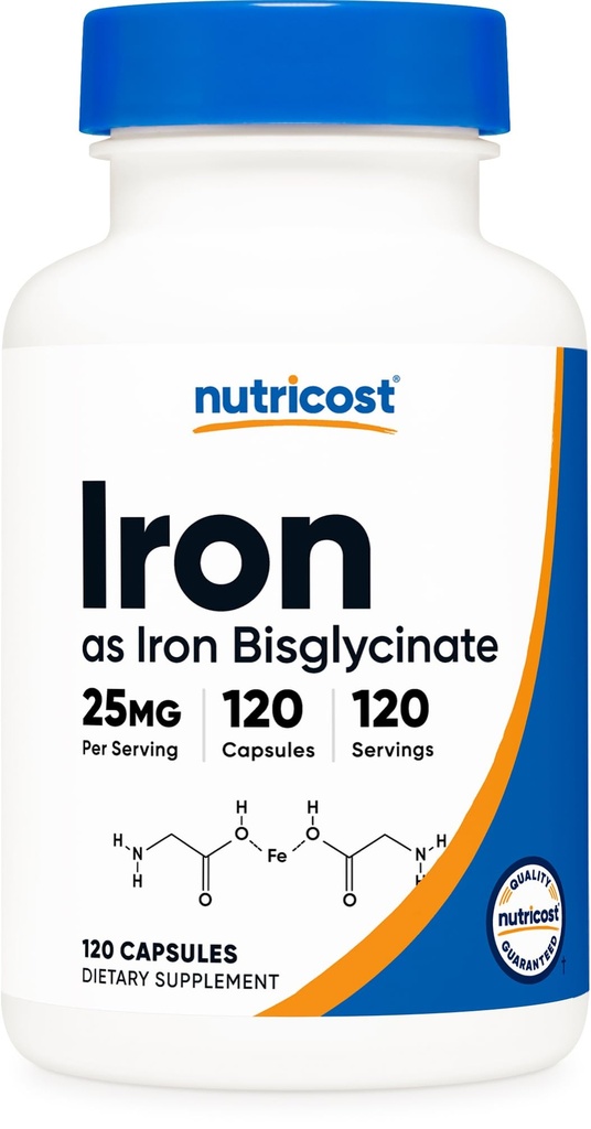 Nutricost Żelazo Bisglicynian Suplement (25 mg) 120 Kapsułki - z Żelaza Bisglicynian - NieGMO i Gluten- Bez