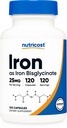 Nutricost Żelazo Bisglicynian Suplement (25 mg) 120 Kapsułki - z Żelaza Bisglicynian - NieGMO i Gluten- Bez