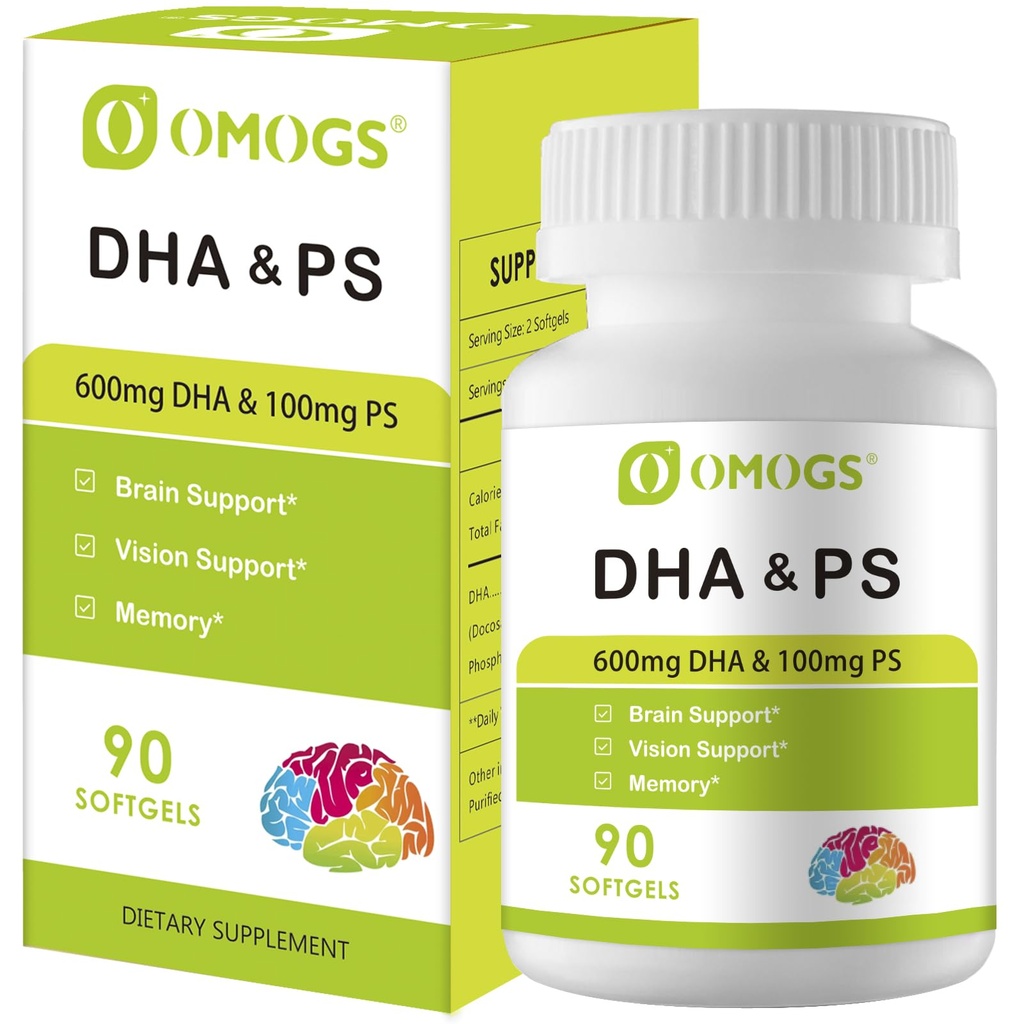 OMOGS Algae DHA - 600 mg Omega-3 DHA Softgels, z fosfatydyloseryną i olejem orzechowym, wspomaga zdrowe funkcje mózgu, Wizja, Eye & Memory, Gluten Free, Non-GMO Vegan Algae Oil, 90 Softgels