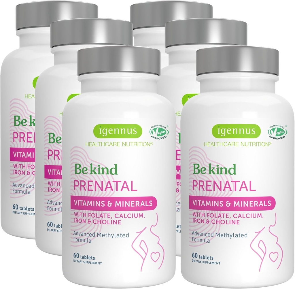 Igennus Metylowany Prenatal Multivitamine dla kobiet, Folate for MTHFR, Wysoka absorpcja, Czysty i Czysty, Delikatny Żelazo, Cholina, Wapń i Magnez, Wegańskie ciążowe witaminy, Halal, Non-GMO, 60 Tabletki x 6