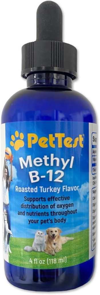 PetTest Methyl B12 Witaminowe krople płynne 4fl oz (5000 MCG) Suplement z metylokobalaminą dla zwierząt chorych na cukrzycę, Maksymalne wchłanianie w celu zwiększenia energii dla psów i kotów