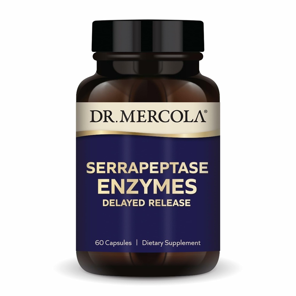 Dr Mercola Enzymy serrapeptazy - Wspiera zdrową funkcję komórkową - Opóźnione uwalnianie - Nie-GMO, Gluten- Free & Soy - 60 Kapsułki