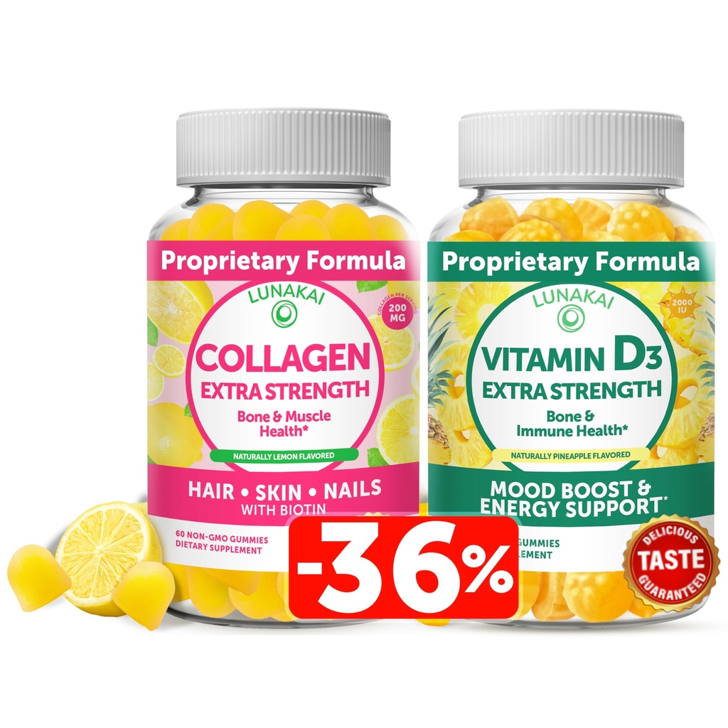 Lunakai Collagen i witamina D3 Gummies Bundle - Non-GMO Anti Anti Aging Supplements for Men & Women - Odporność, kości i nastrojów Gummy dla dorosłych - 30 Days Supply