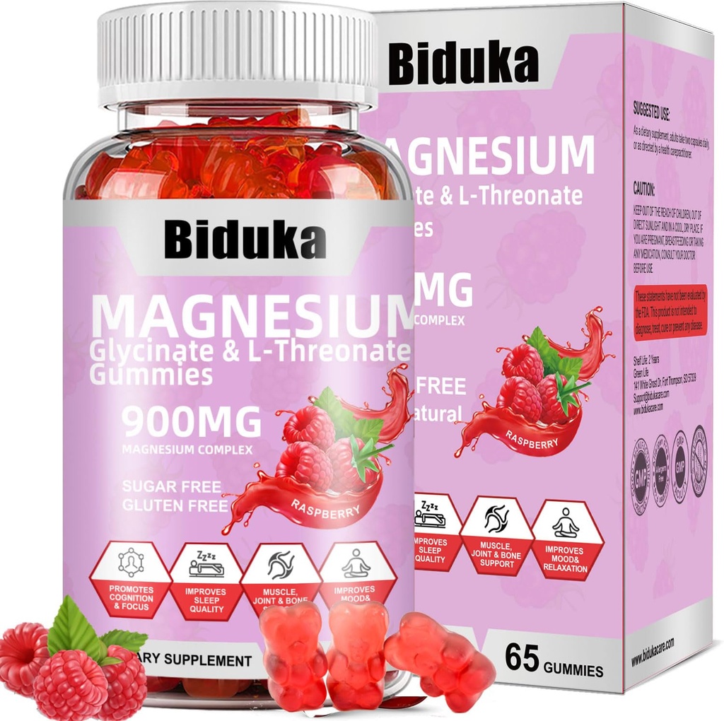 900mg Magnezu Complex 65 Malina Gumiaki, Bez cukru Magnezu Glicynian i L- Threonian Potas Suplement z witaminą D, B6, CoQ10 Relaks