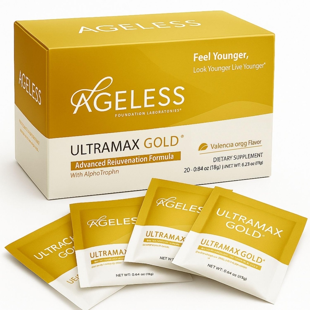 Ageless UltraMAX Gold - HGH Anti-Aging Supplement for Women & Men - Odmładza skórę, przywraca młodzieńczy wygląd, zwiększa energię i sen, Proch musujący - Valencia Orange Flavor - 22 pakiety