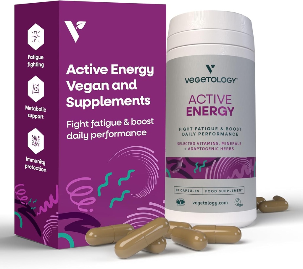 Active Energy Supplements - Fatigue- Fighting C & B Suplementy witaminowe - Suplement witaminy w / Folate, Żelazo i Zioła adaptacyjne - Kapsułki multiwitaminowe wolne od kawy (60 liczników)