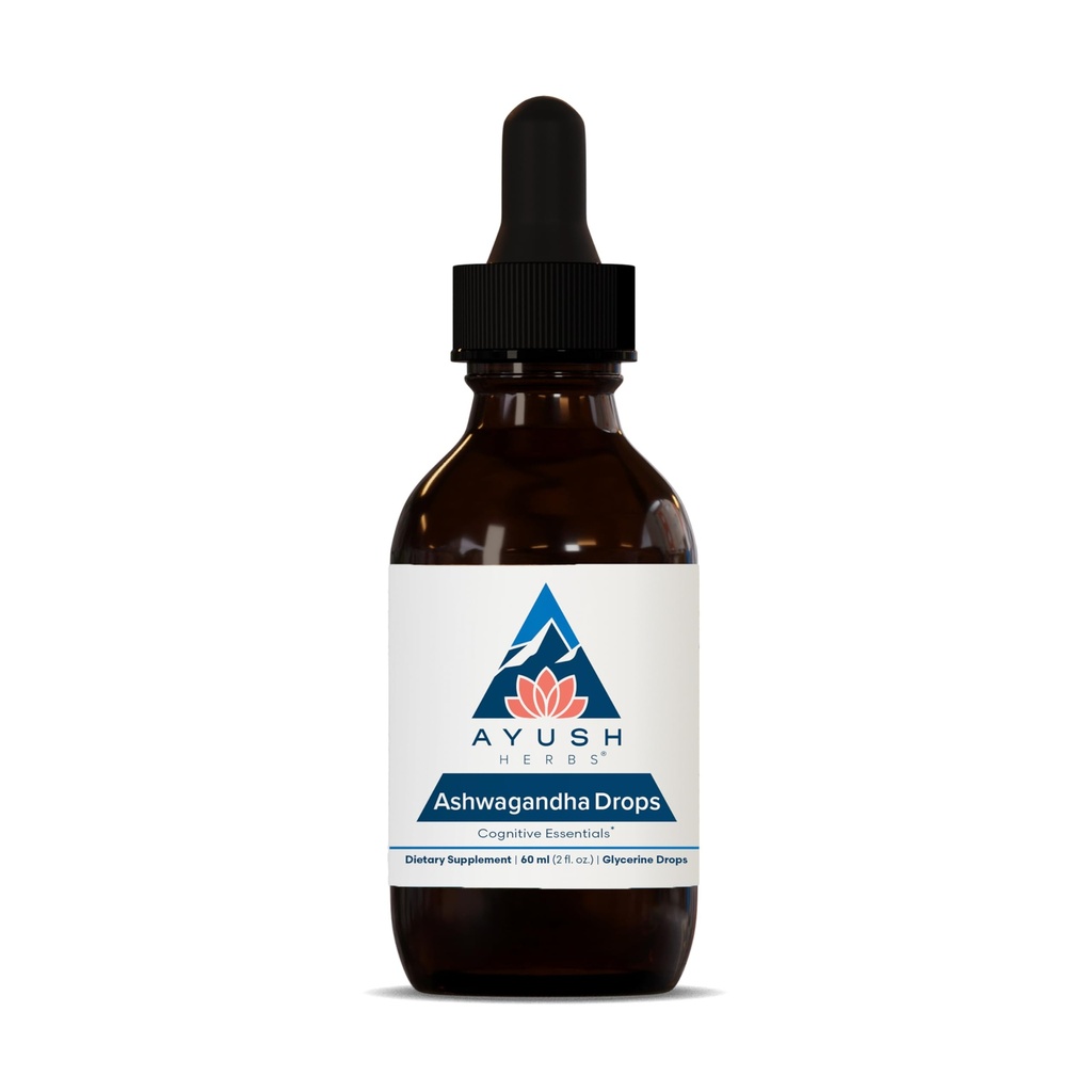 Ayush Herbs Ashwagandha Drops - Ashwagandha Bezalkoholowe krople dla dorosłych, Calming Daily Supplement for Focus & Uwaga z Organic Ashwagandha, Lemon Flavor - 2 Fl Oz (80 Sług)