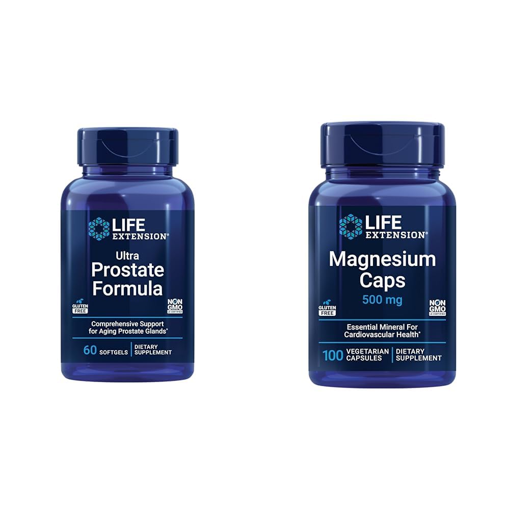 Life Extension Ultra Prostate Formula & Magnezu Czapki, 500 mg, Magnezu tlenek, Cytrate, Sukcynat, Heart Health, Zdrowe kości, Wsparcie metabolizmu, 100 Kapsułki wegetariańskie