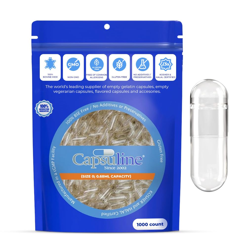 Capsuline Size 0 Puste kapsułki żelatynowe, Przezroczysty - 1000 Hrabia 124; Gluten Free, Kosher, Non-GMO Certified Size 124; Pure Bovine Pill Caps for DIY Supplement Filling