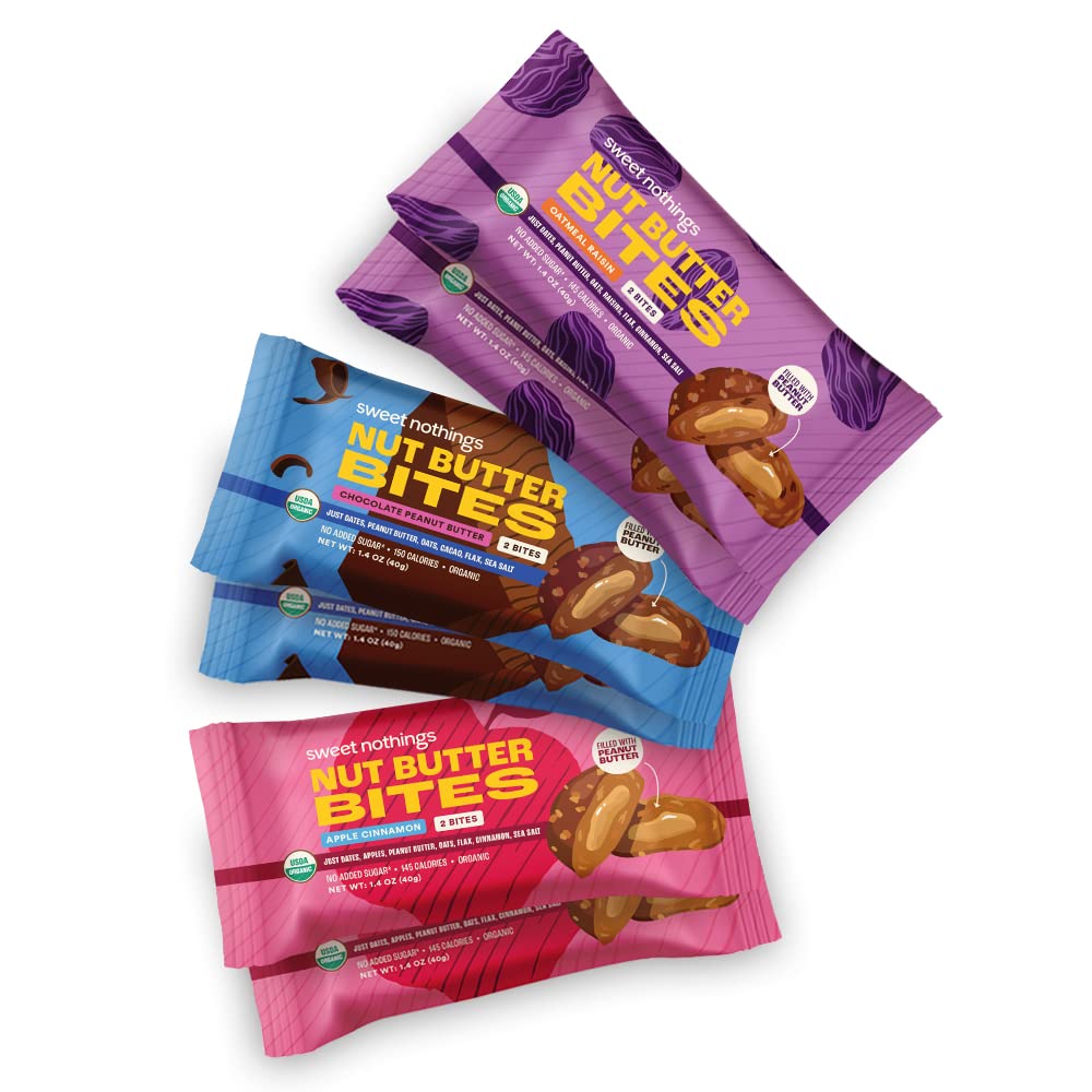 Słodkie Nothings, Pack Variety: Czekolada, Cynamon jabłkowy i Rodzynka owsiana, USDA Organic Nut Butter Bites Protein 6-2 Bite Value Packs (2 z każdego smaku) - No Added Sugar