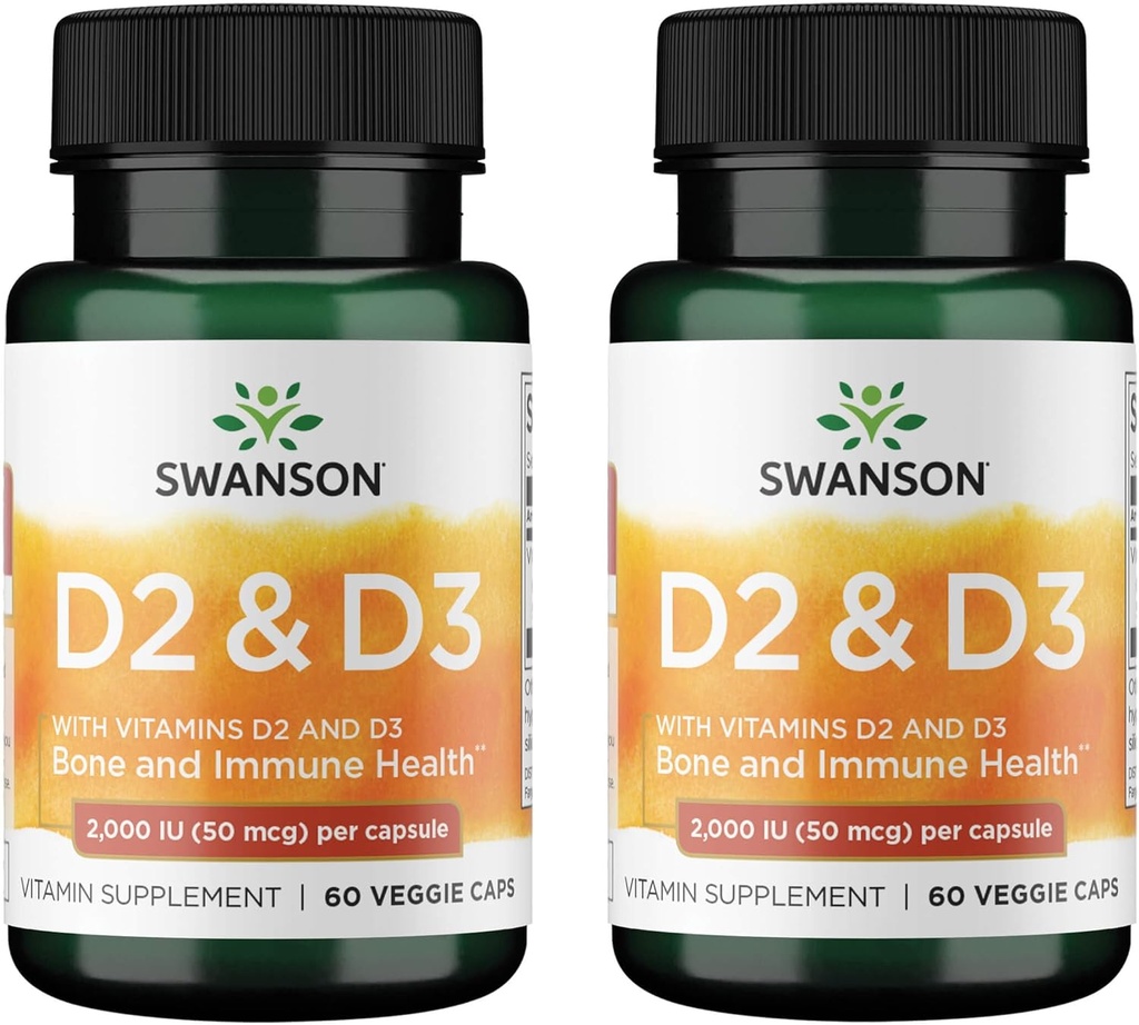 Swanson Witamina D Complex with Vitamins D2 & D3 - Kompletny Sunshine Witamina Complex for Bone, Dental & Immune Health - Suplement Witaminy (50 µg, 60 kapsułki wegetariańskie) (2 opakowania)
