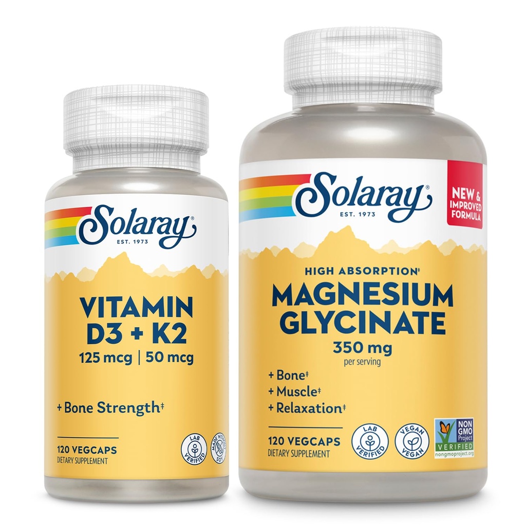 SOLARAY Witamina D3 K2 i Glicynian magnezu - Bone Health Bundle - Wchłanianie wapnia, Nerwy, Serce i Wspomaganie immunologiczne w / 5000 j.m. Witamina D, 350mg Magnezu chelatowanego, 60- dniowa gwarancja, 120ct / 120ct