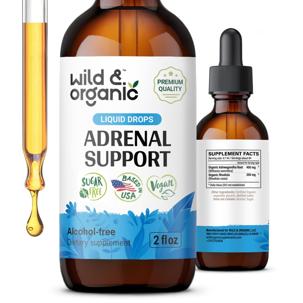 Wild & Organic Assistance Support Tincture for positive Outlook - Zespół nadnerczy z Ashwagandha, Rhodiola Rosea Root - 1- Month Supply - Vegan, No Sugar & Alcohol - 2 fl oz