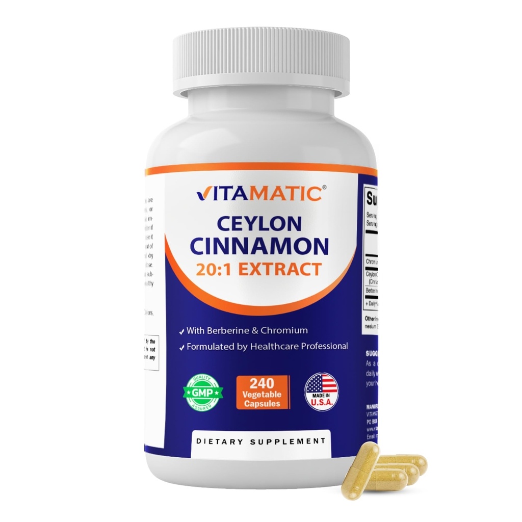 Vitamatic Ceylon Cynamon 10000 mg Równoważny na Podawanie (z 20: 1 Wyciąg 500 mg) z Berberine & Chrom - 240 Kapsułki warzyw - Non-GMO & Gluten Free