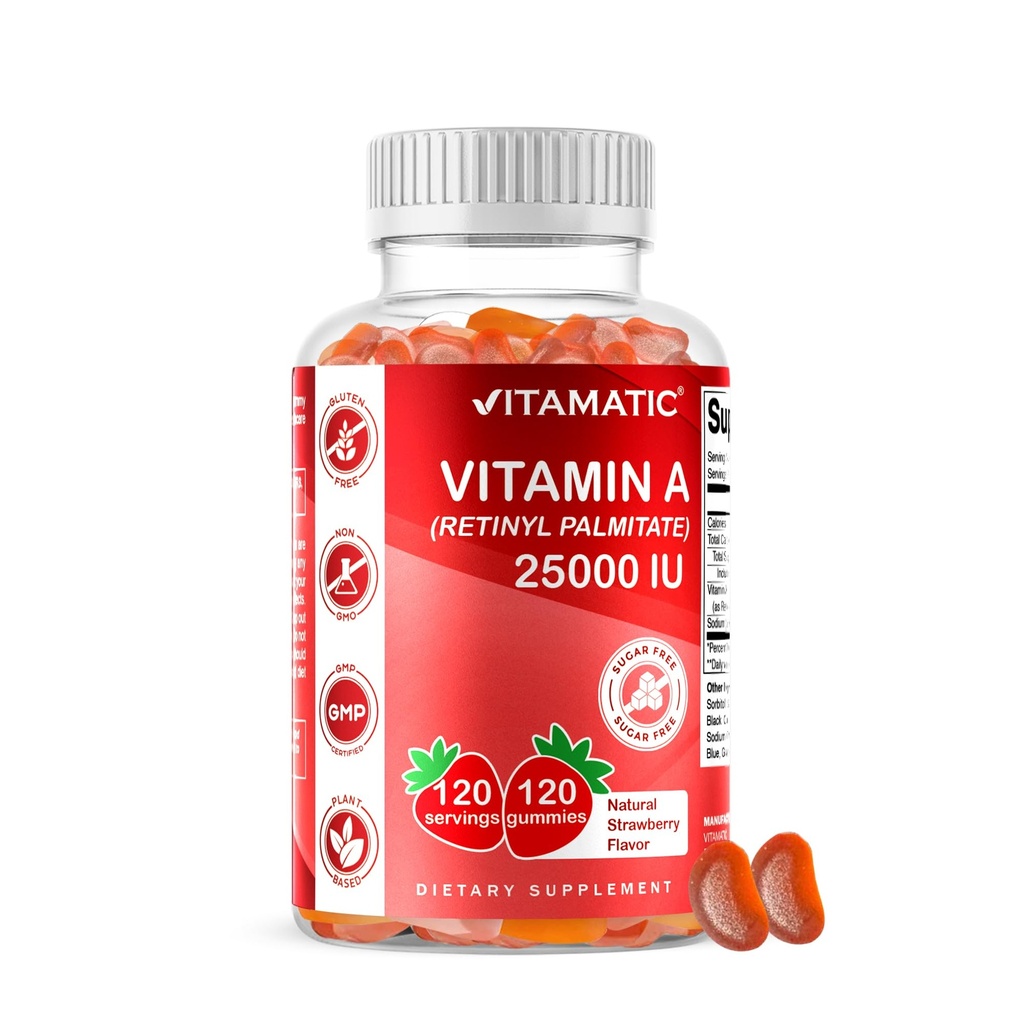 Witamina wolna od cukru witaminowego A 25000 IU Gummie (palmitynian retinylu) - naturalny aromat truskawkowy - 120 Pektyn Gummies na bazie pektyny (1 butelka)