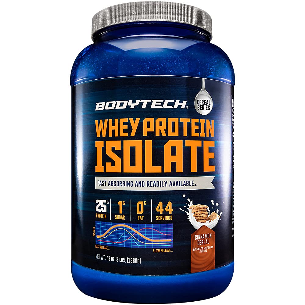 BODYTECH Proszek do izolacji białka serwatki - z 25 gramami białka na serwowanie & BCAA 's - Idealny do post- Workout Muscle Building & Growth, Zawiera mleko i soję - Cynamon Cereal (3 funt)