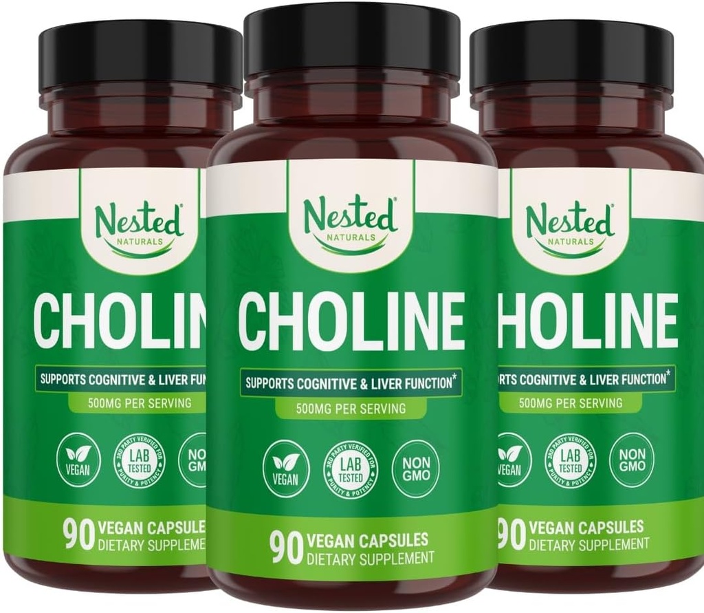 Nested Naturals Choline Bitartrate 500mg XI124; High Potency Choline Supplements XI124; Wsparcie Cognitive Performance & Liver Function XI124; 100% Vegan & Non-GMO XI124; (3- Pack)