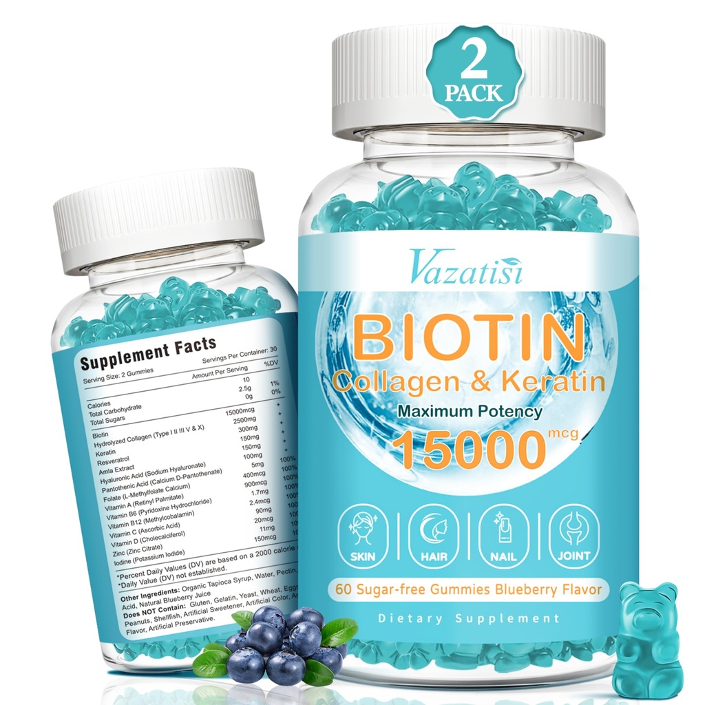 Biotin i gumki kolagenowe z B12, skóry do włosów i paznokci Witaminy Gummie do wzrostu włosów, połysk skóry i silne paznokcie - Blueberry Flavor, Sugar Free, 120 Ct