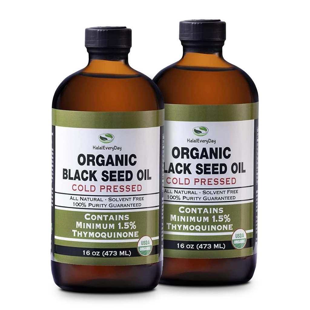 Organic Black Seed Oil - USDA Certified Cold Pressed Glass Bottle Over 1.5% Thymoquinone 3X strength Turkish Black Cumin Nigella Sativa non-GMO 100% Pure Blackseed Oil (32oz Glass (2X16) Bottle)