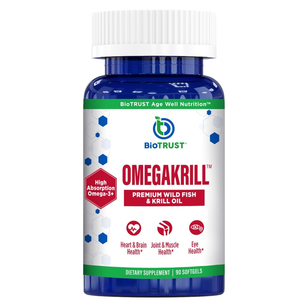 BioTrust OmegaKrill EPA & DHA Omega 3 Suplement, Ryby i Olej z kryla do zapewnienia wsparcia dla stawów, Serce, Mózg, Oko i Skóra (30 Słupki)