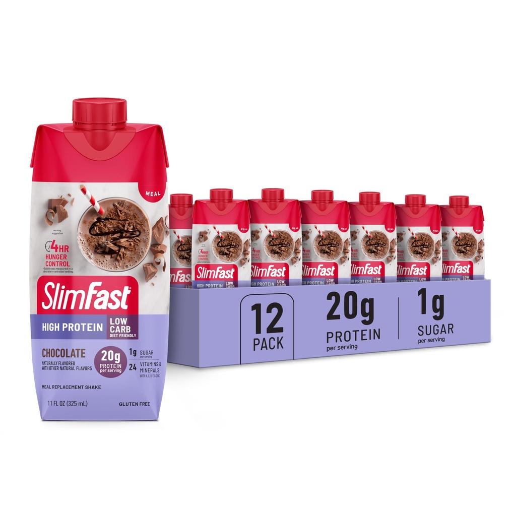 SlimFast Protein Shake, Chocolate- 20g Protein, posiłek zamiennik shake gotowy do picia, wysoki poziom białka z niskiej węglowodanów i niskiego cukru, 24 witaminy i minerały, 12 Hrabia (Packaging May Vary)
