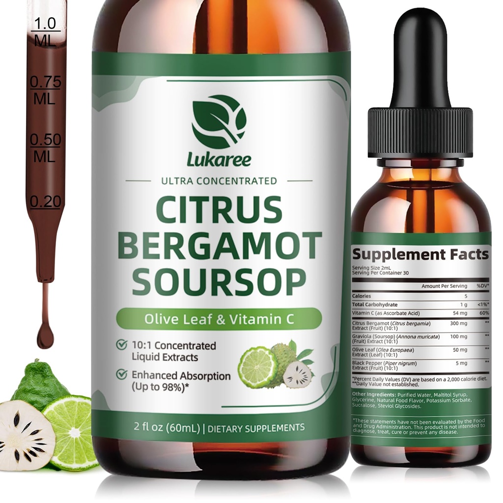 Citrus Bergamot płynne krople - Natural Supplement with Soursop, Red Yeast Rice, Czosnek, Olive Leaf, Black Pepper - Wysoka absorpcja - Wsparcie ogólne Wellness * - Soursop Bitters Liquid, 2 Fl Oz