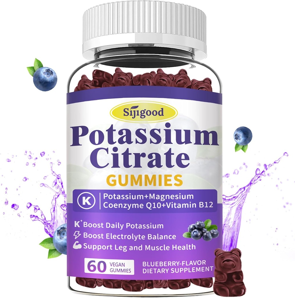 Gumy z cytrynianu potasu - Suplement potasu dla zdrowia mięśni, Leg Cramp Relief & Elektrolite Balance, Wegan, Non-GMO, Gluten- Free, Blueberry Flavor, 60 Count