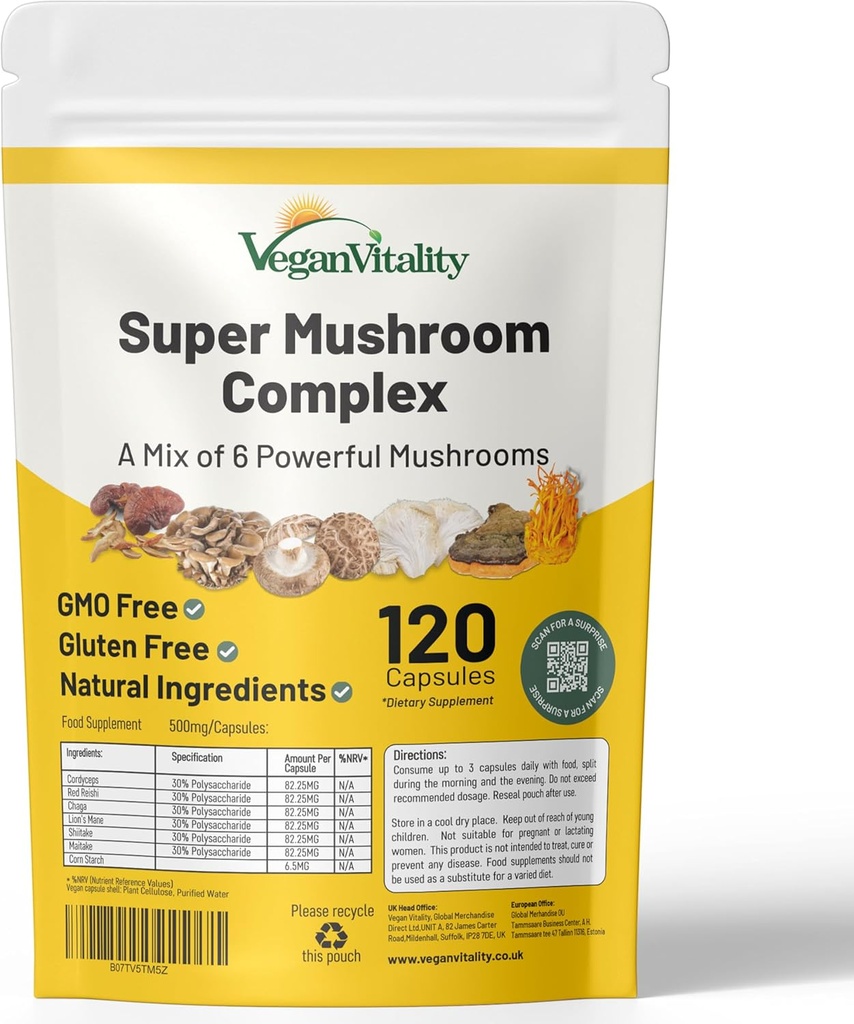 Vegan Vitality Multi Mushroom Supplement Complex - 120 Kapsułek z Reishi, Chaga, Shitake, Maitake, Lwie 's Mane i Cordyceps dla mózgu, Energia, Focus & Wsparcie pamięci