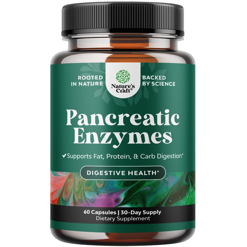 Pancreatin Digestive Enzymes Digestion for Gut Health - Pancreatic Digestive Enzymes for Women & Men with Protease, Lipase & Amylase - Bloating, Stomach Health, Fat, Carb & Protein - 60 Count