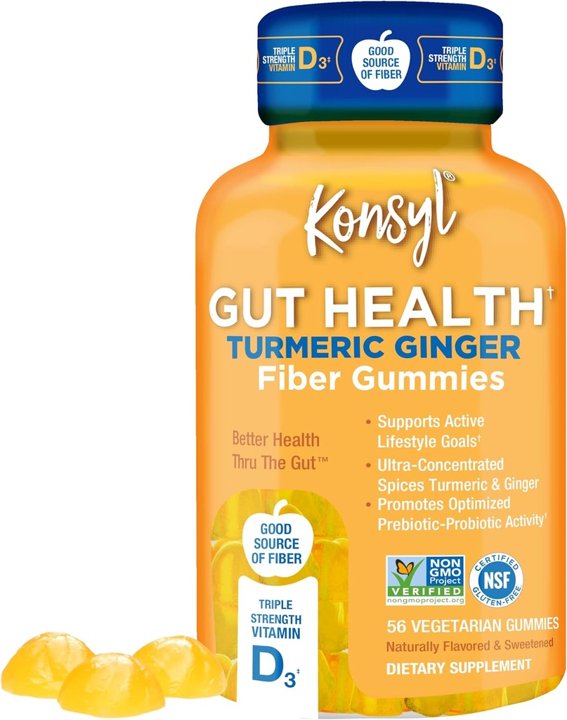 Konsyl Gut Health Turmeric Gummies Ginger Fiber - Pomaga wspierać Digestive Health + - Wegetariański suplement Fiber Gummies dla Adultów - 56 Hrabia