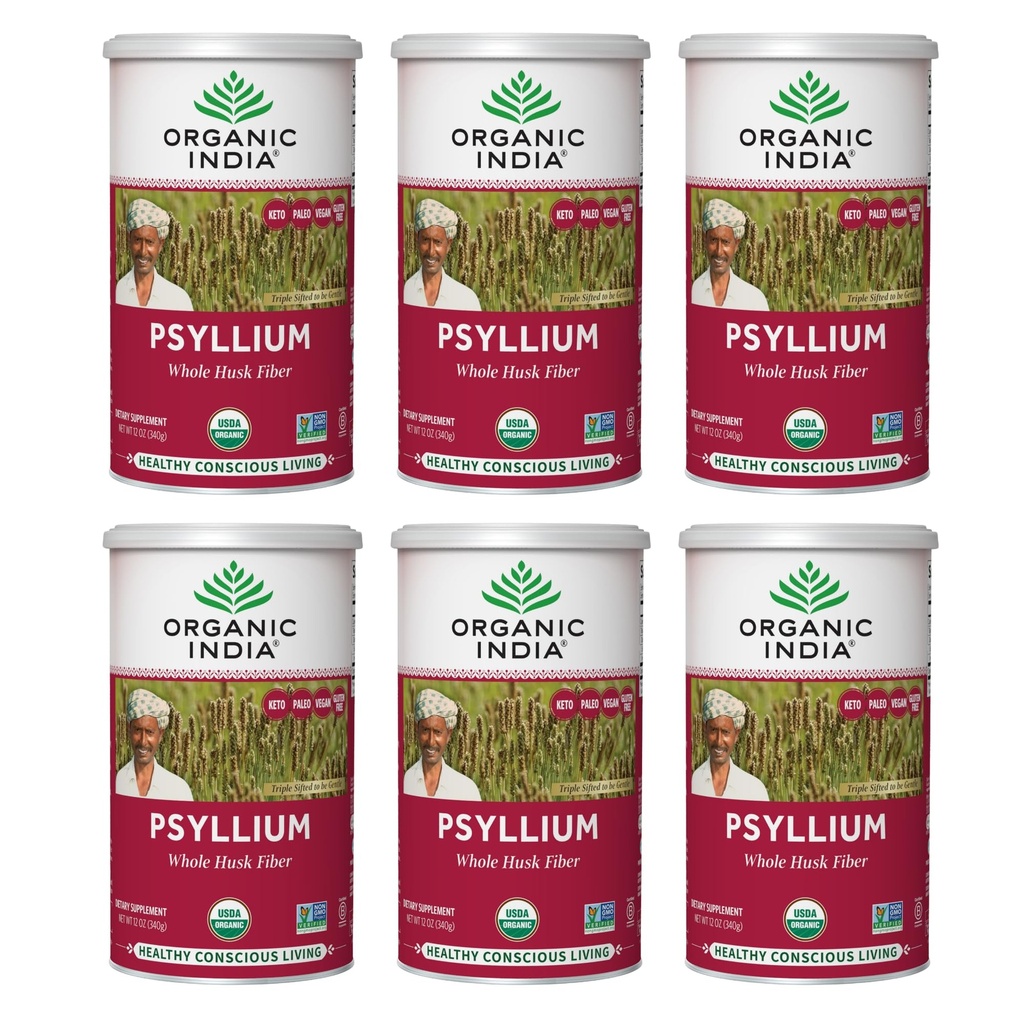 ORGANIC INDIA Whole Pyllium Husk Powder Organic - Psylium Husk Fiber Supplement, Wsparcie trawienia, Wegan, Bez glutenu, Nie-GMO, Rozpuszczalny i nierozpuszczalny Fiber Source - 12 Oz Canister, 6 Pack