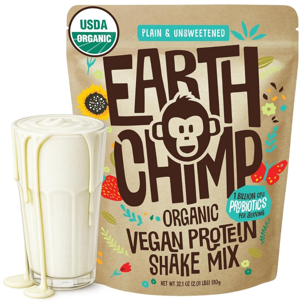 EarthChimp Organic Vegan Protein Powder - z probiotykami - Non GMO, Dairy Free, Non Whey, Plant Based Protein Powder for Women and Men, Gluten Free - 26 Servings 32 Oz (Plain & Unsweetened)