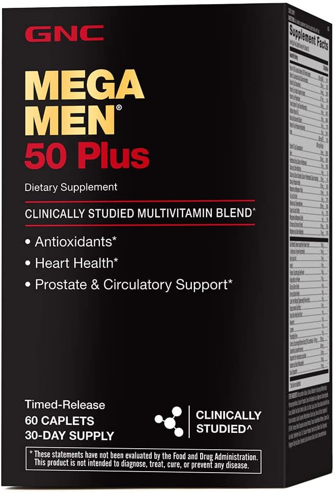 GNC Mega Men 50 Plus Multivitamin Caplets, Clinically Proven, Heart & Prostate Health, B Witaminy, Piła Palmetto, Pamięć, Witamina D-3, 60 liczba